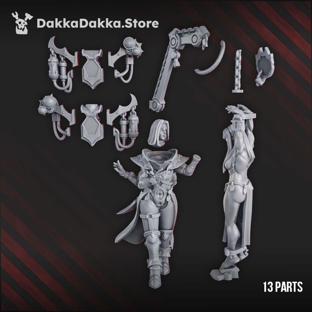Chaos Cultist Female Miniature – Hospital Spinner, 28mm resin model showcasing twisted healer and tormentor design.