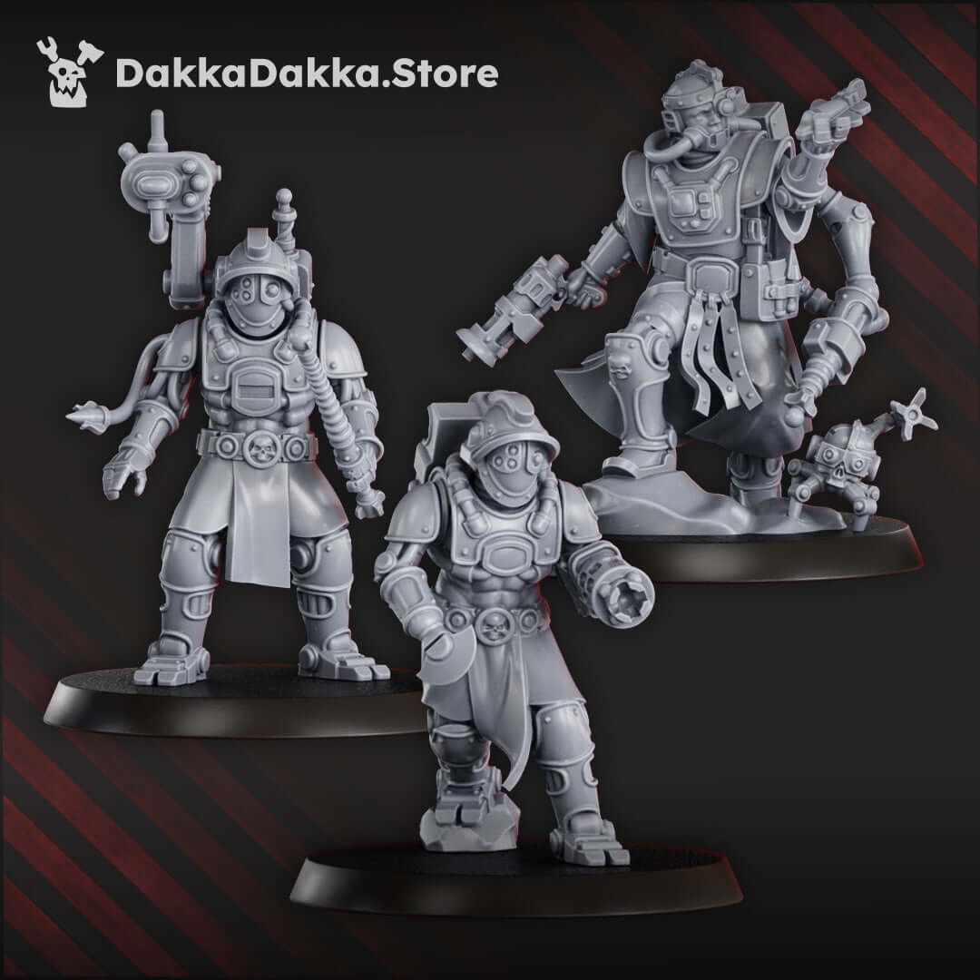 Pluto’s Mechanized Liquidation Team miniatures, 10 unpainted sci-fi models, each 31mm tall, showcasing cybernetic detail.