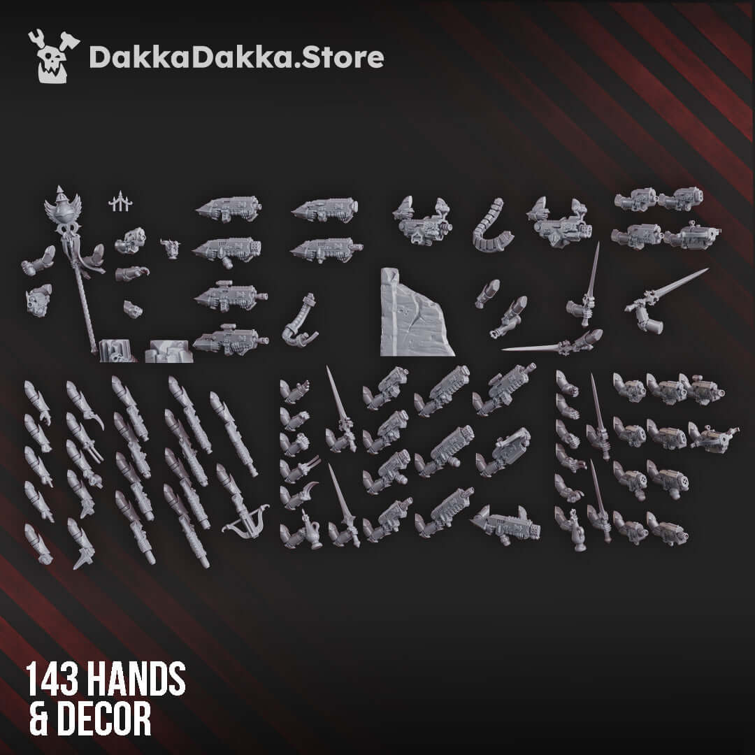 Maidens of Vengeance Build Kit components, 143 hands and decor for sci-fi wargaming, grey ABS-like resin models.