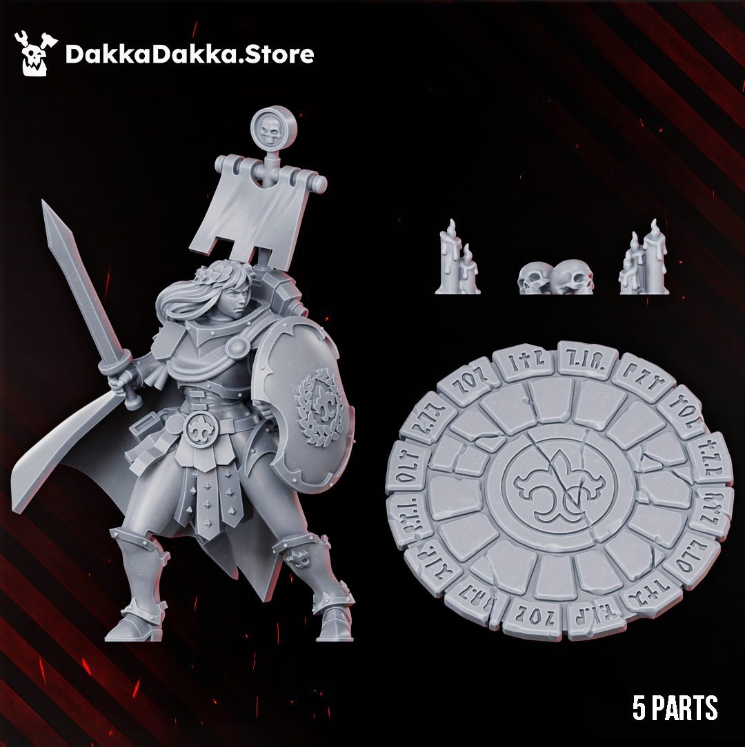 Parts layout showing the 5-piece kit: assembled figure, scenic runic base tile, two candle groups, and skull cluster