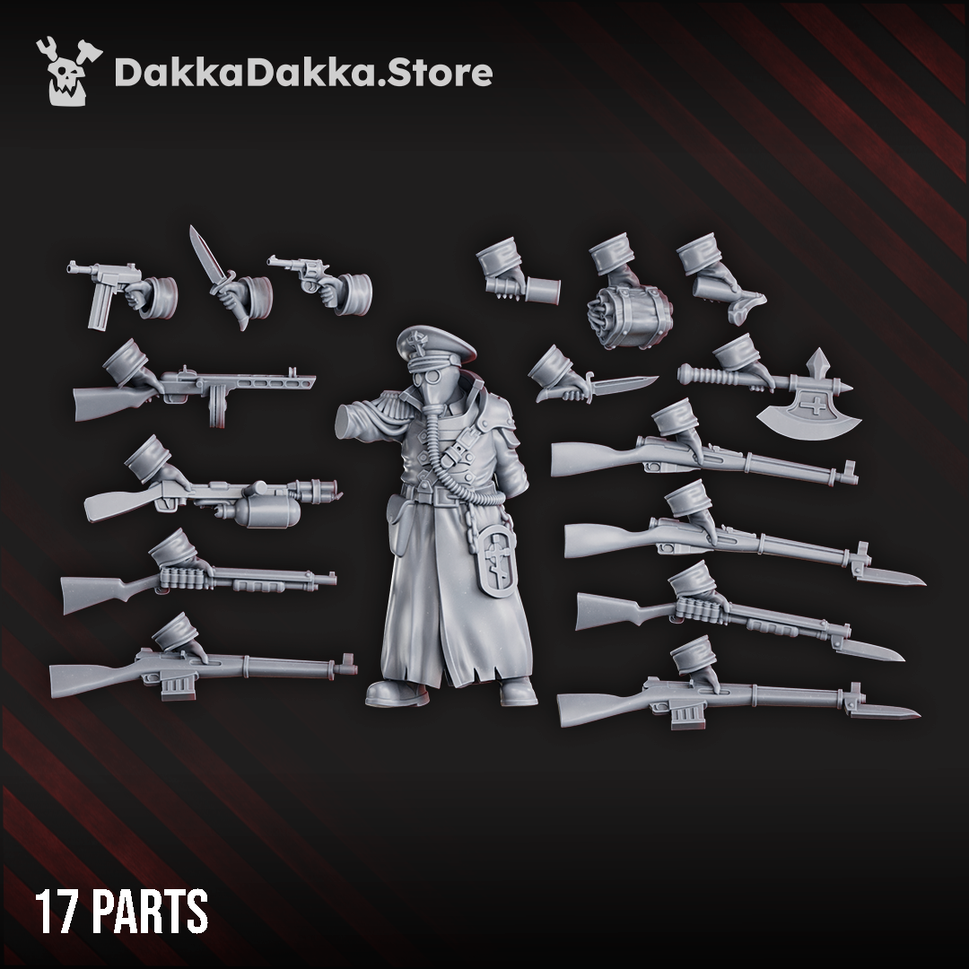 Ltn. Pachomy Zhukov miniature, 33 mm, wearing gas mask and trench uniform, armed with rifles, pistol, knife, and Molotov, standing on a round base.