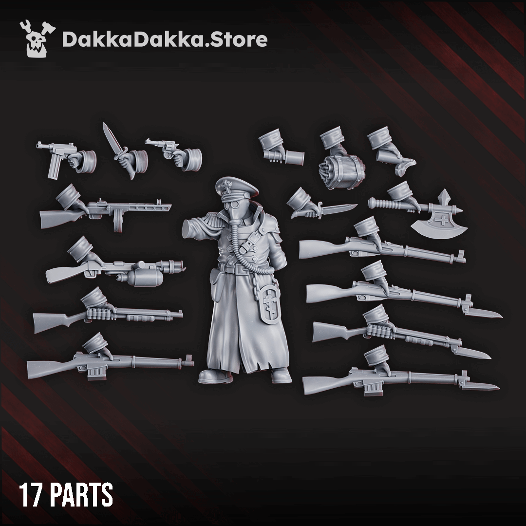 Ltn. Pachomy Zhukov miniature, 33 mm, wearing gas mask and trench uniform, armed with rifles, pistol, knife, and Molotov, standing on a round base.