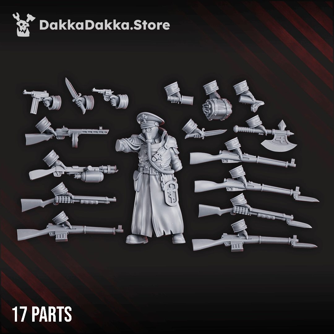 Full parts layout showing all 17 components including rifles, SMGs, pistols, blades, and arm options