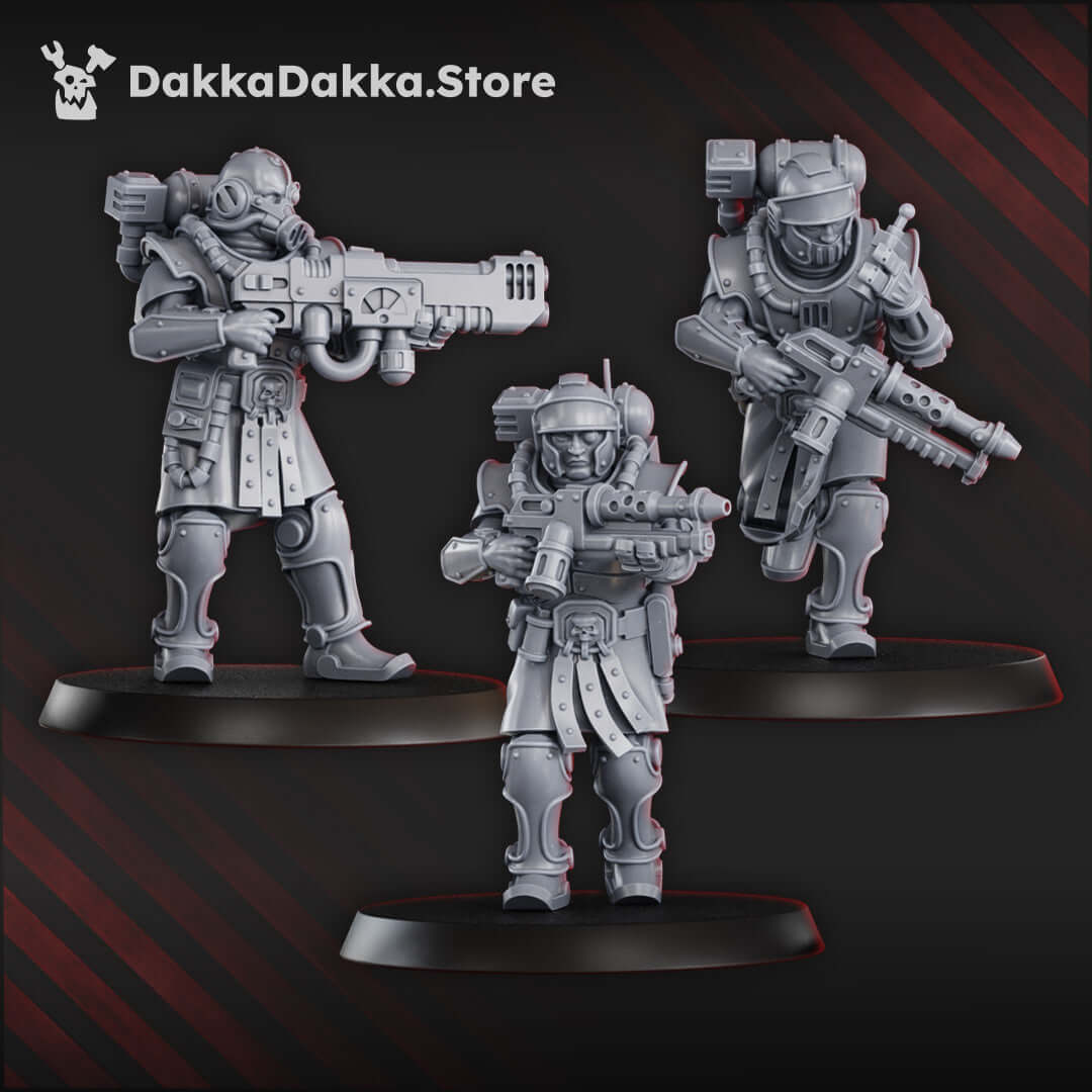 Satellitum MechGuards squad of 10 sci-fi miniatures featuring radiation weapons, perfect for tabletop wargaming.