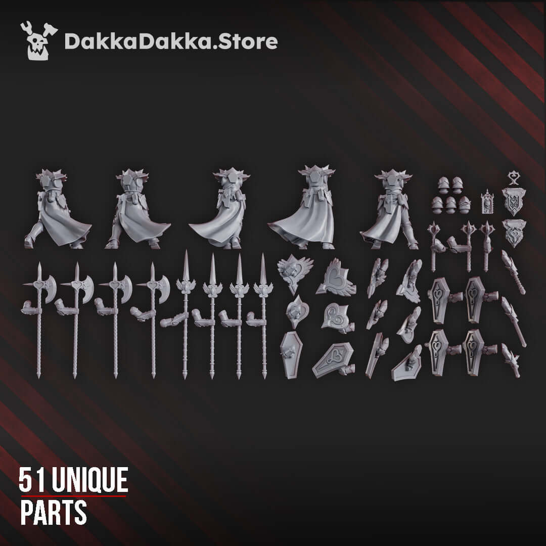 Maidens of Praesidium Build Kit featuring 51 unique parts for sci-fi wargaming miniatures in high-quality grey resin.
