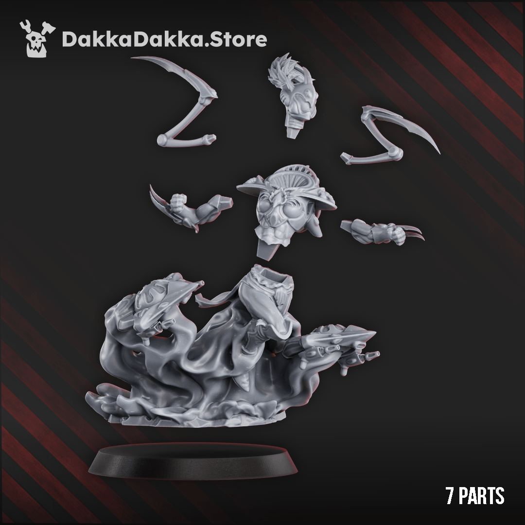 Gothic Sci-Fi Space Elf Warrior Phoneuria The Webstriders Queen riding warp energy with drones