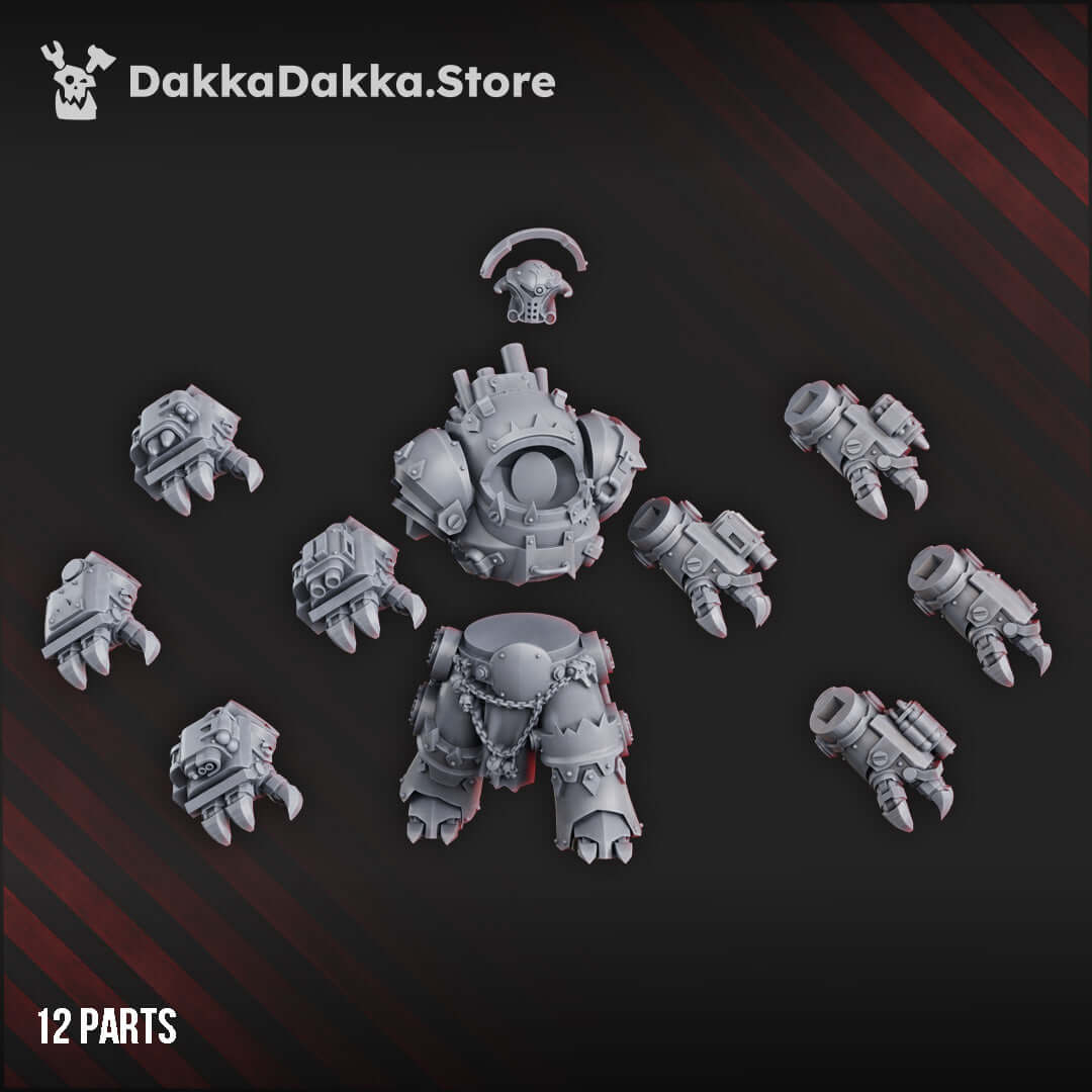 Gorgwork Mechdread miniature parts set with 12 grey resin components for sci-fi wargaming, by DakkaDakka.store.