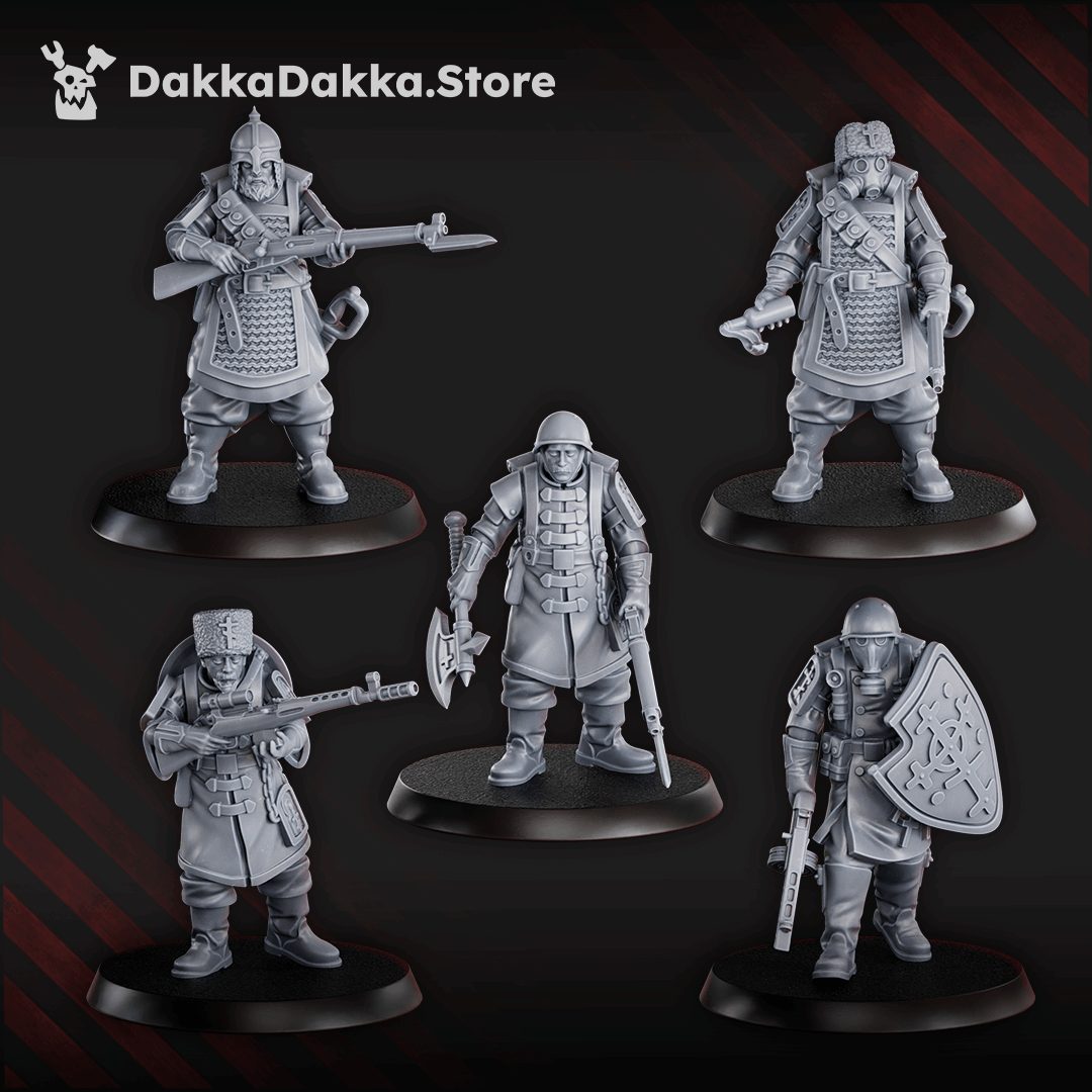 Close-up of five Red Druzhina models including riflemen and axe-carrier, highlighting chainmail, fur hats and religious iconography