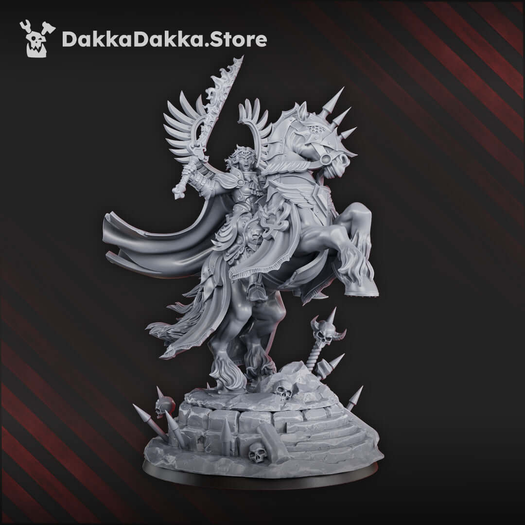 Seraphiel Saint Ordine Vendetta miniature by DakkaDakka, mounted warrior with holy fire and ornate battle regalia.