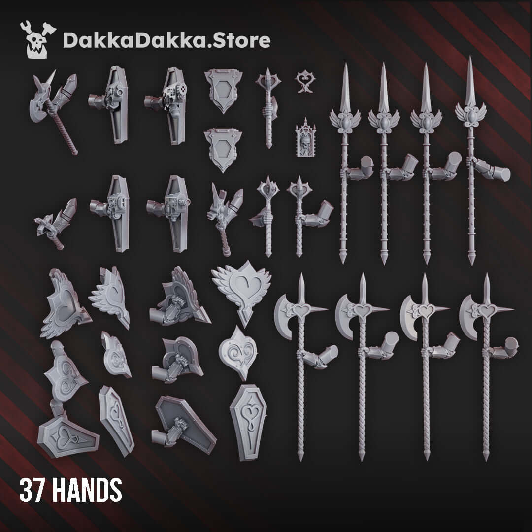 37 hands and weapon accessories for Maidens of Praesidium build kit, crafted in high-quality grey resin.