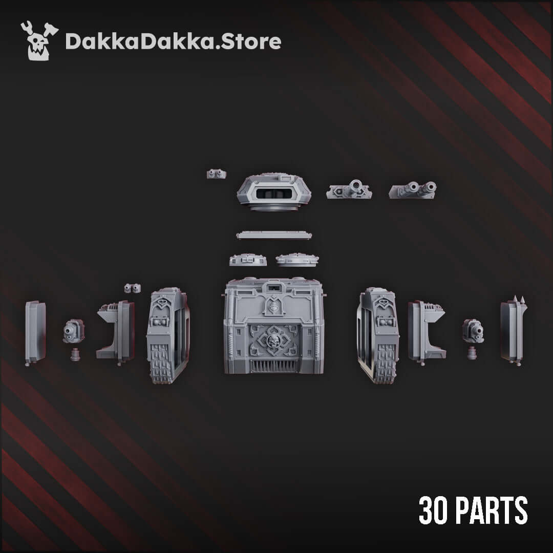 The Ordine Vendetta APC miniature parts by DakkaDakka, featuring 30 detailed components for custom models.