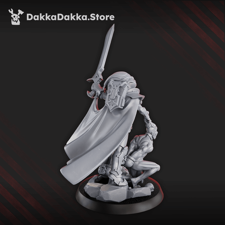 Sci-Fi Chaos Cult female miniature High Gomorrah Haseki, wielding a sword atop a fallen foe.