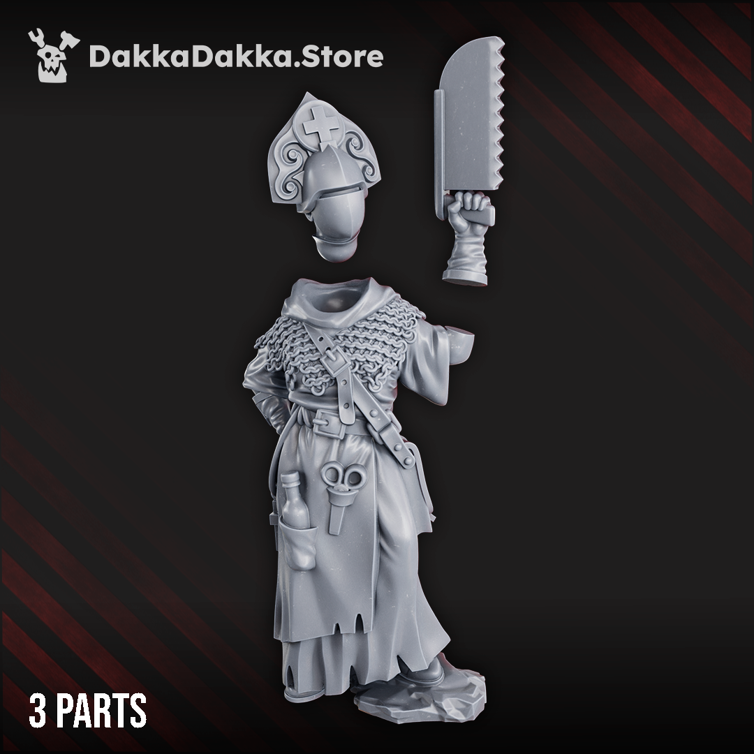 Steel Union medic miniature holding a cleaver, wearing chain mesh and a robed uniform with surgical tools at her belt