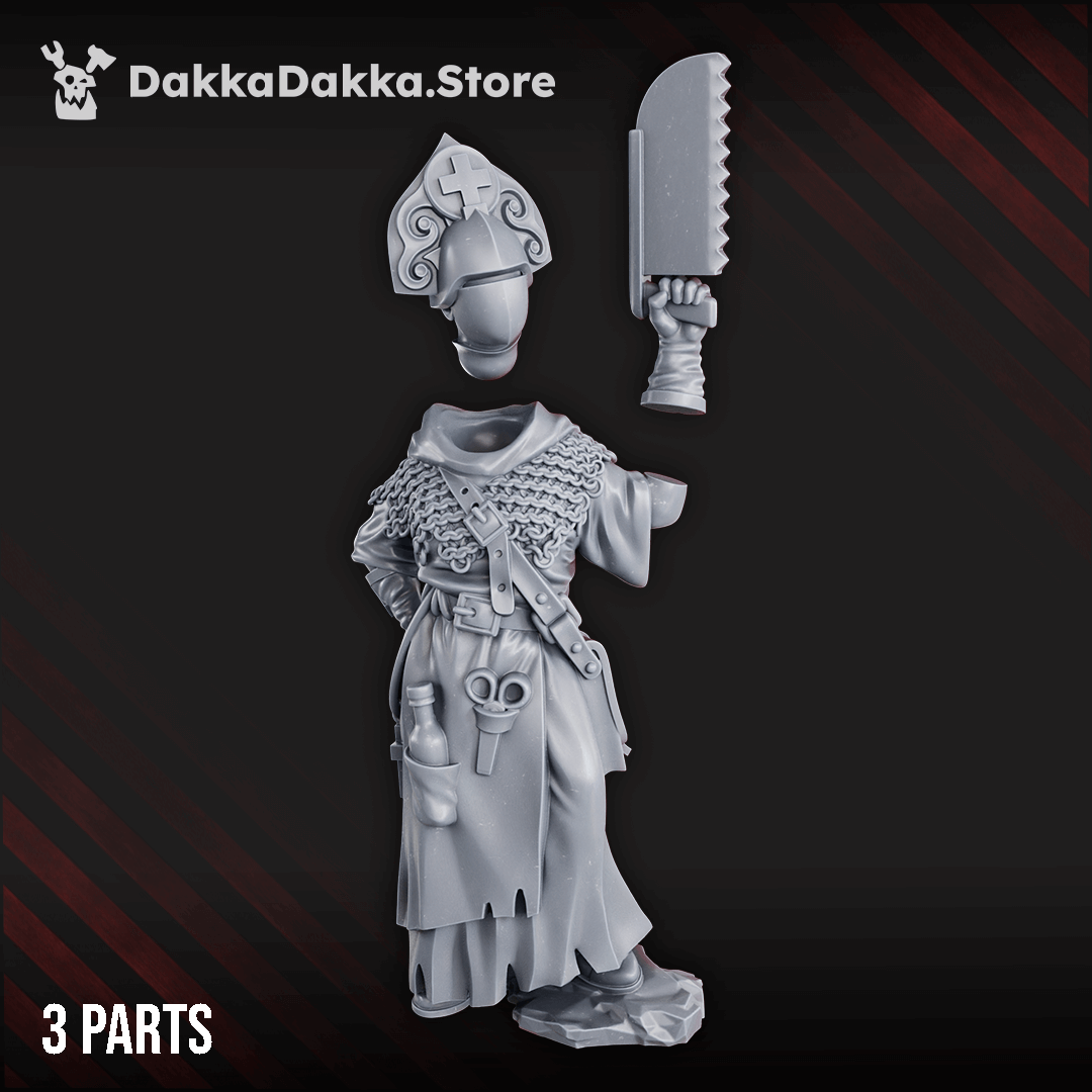 Steel Union medic miniature holding a cleaver, wearing chain mesh and a robed uniform with surgical tools at her belt