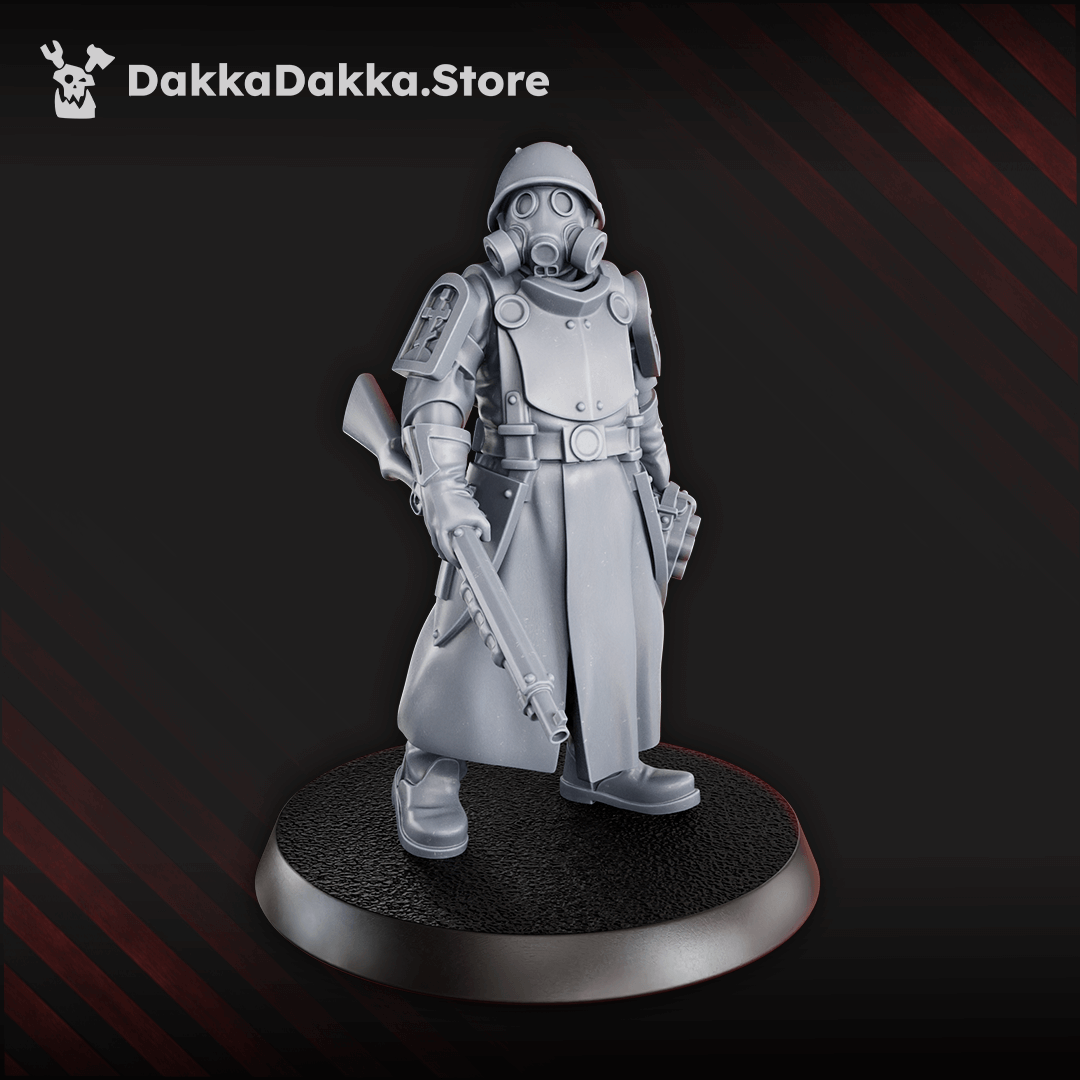 Two Steel Union engineer miniatures in trench armour and rebreathers, one with a wrench and shotgun, the other with a rifle and entrenching tool.