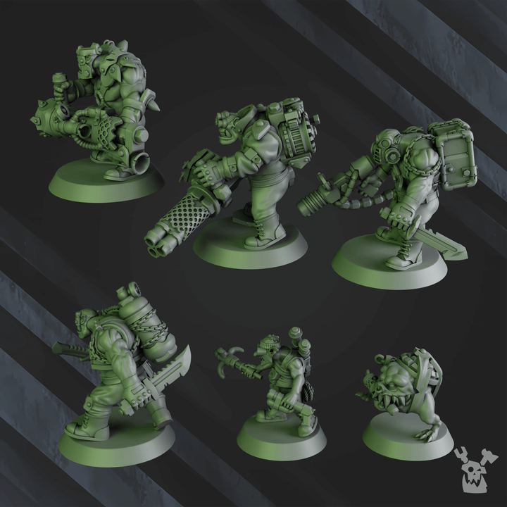 Blak Orks Mob Two ork miniatures resin squad of 6 with ramming tool, heavy dakka, melta, knives, grapnel Grot, and bomb squig