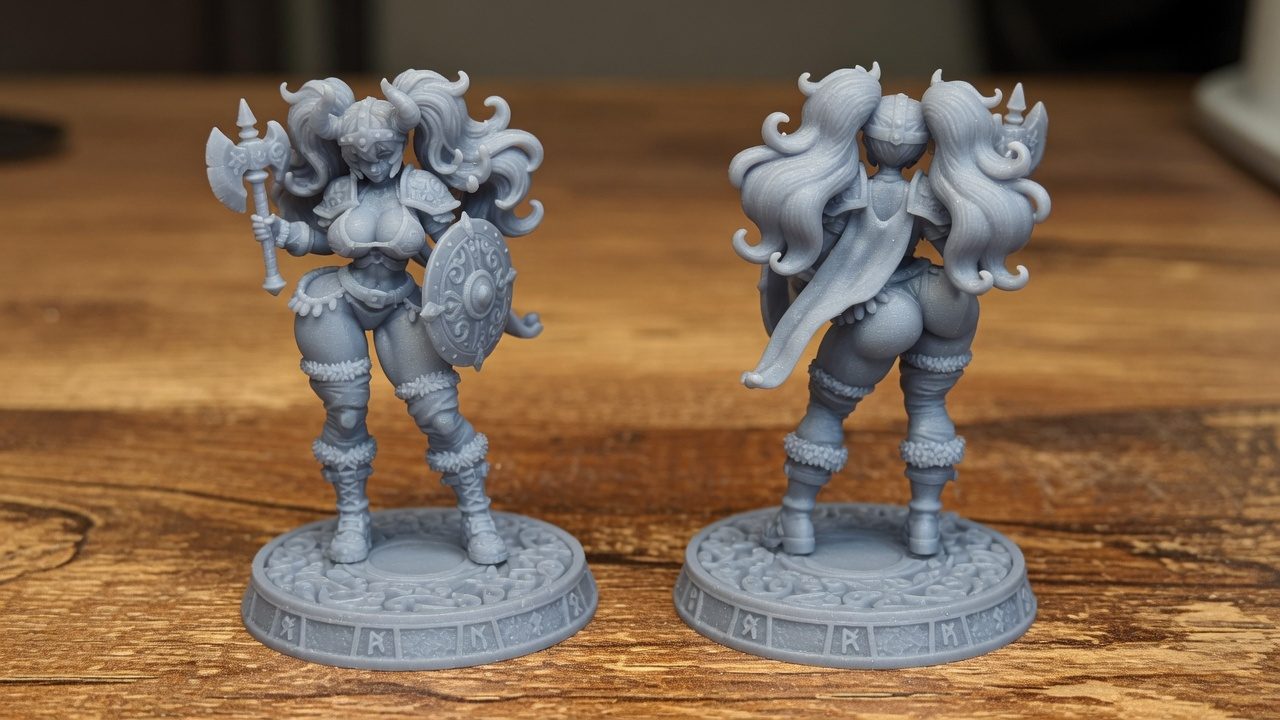 Odin Daughter 5 resin miniature front and rear views showing axe, Celtic shield, horned helm, and runic base