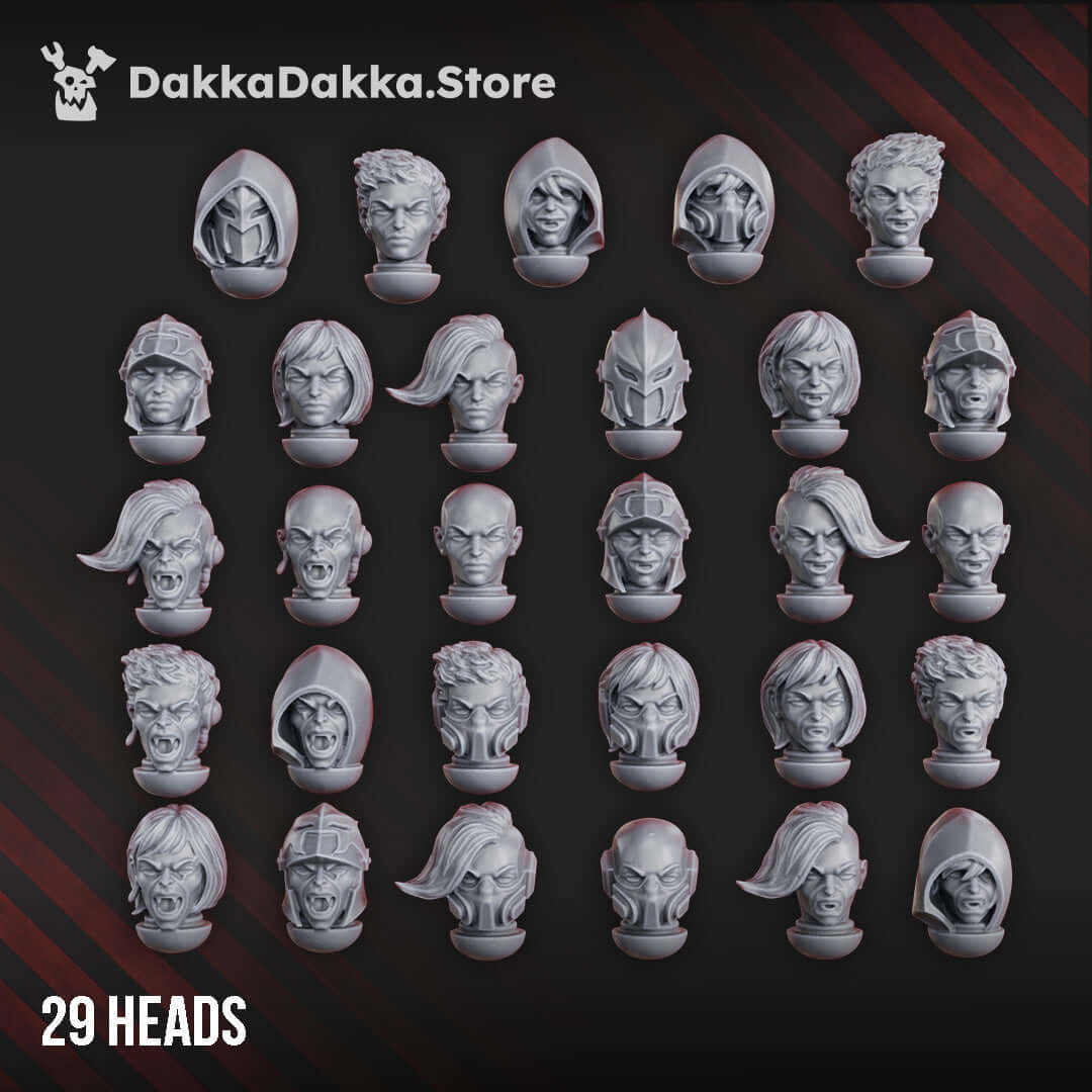 Maidens of Vengeance Build Kit, featuring 29 detailed sci-fi miniature heads in grey resin for tabletop gaming.