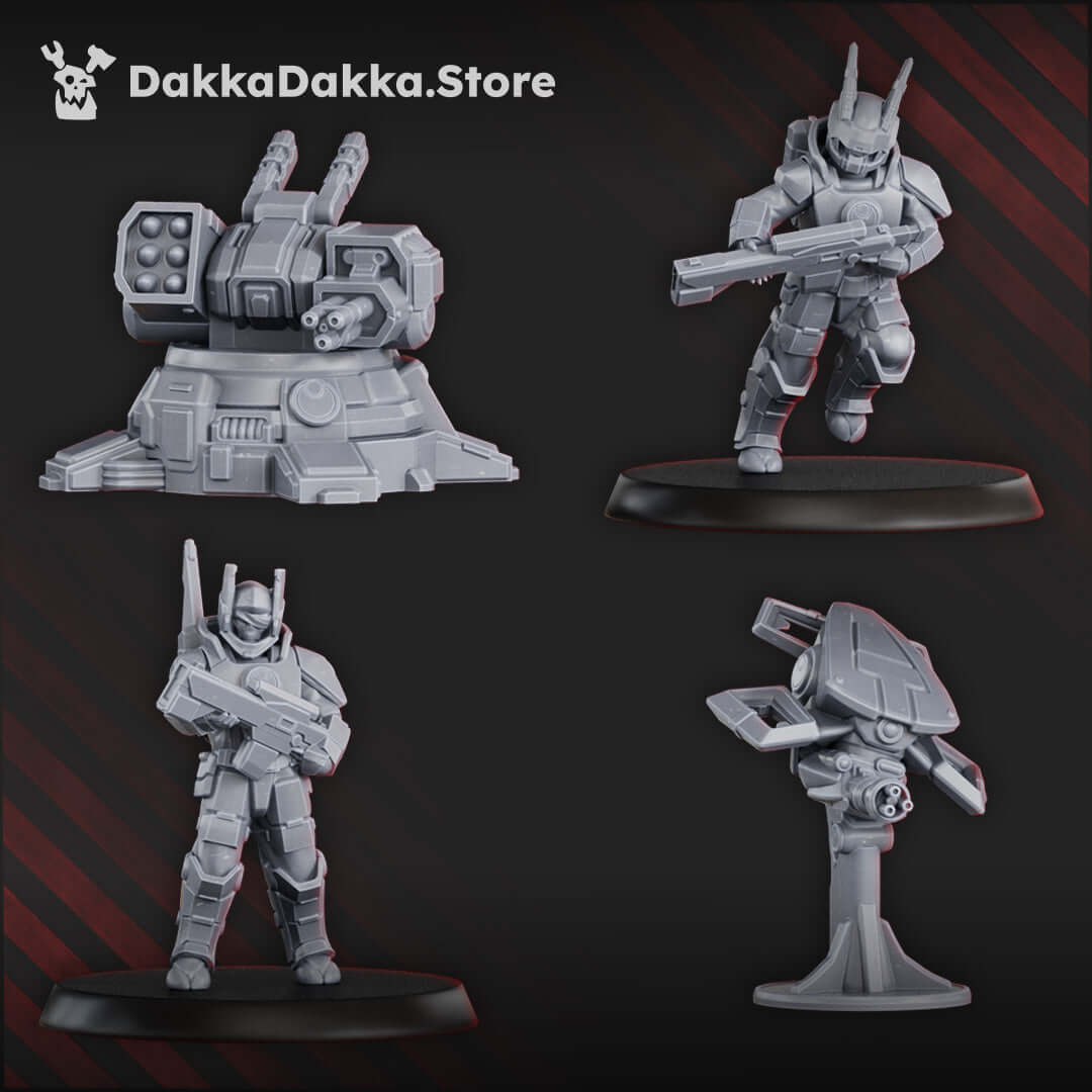 Sci-Fi Fire Squad Miniatures featuring 15 models, including soldiers, drones, and an automated turret, measuring 28mm.