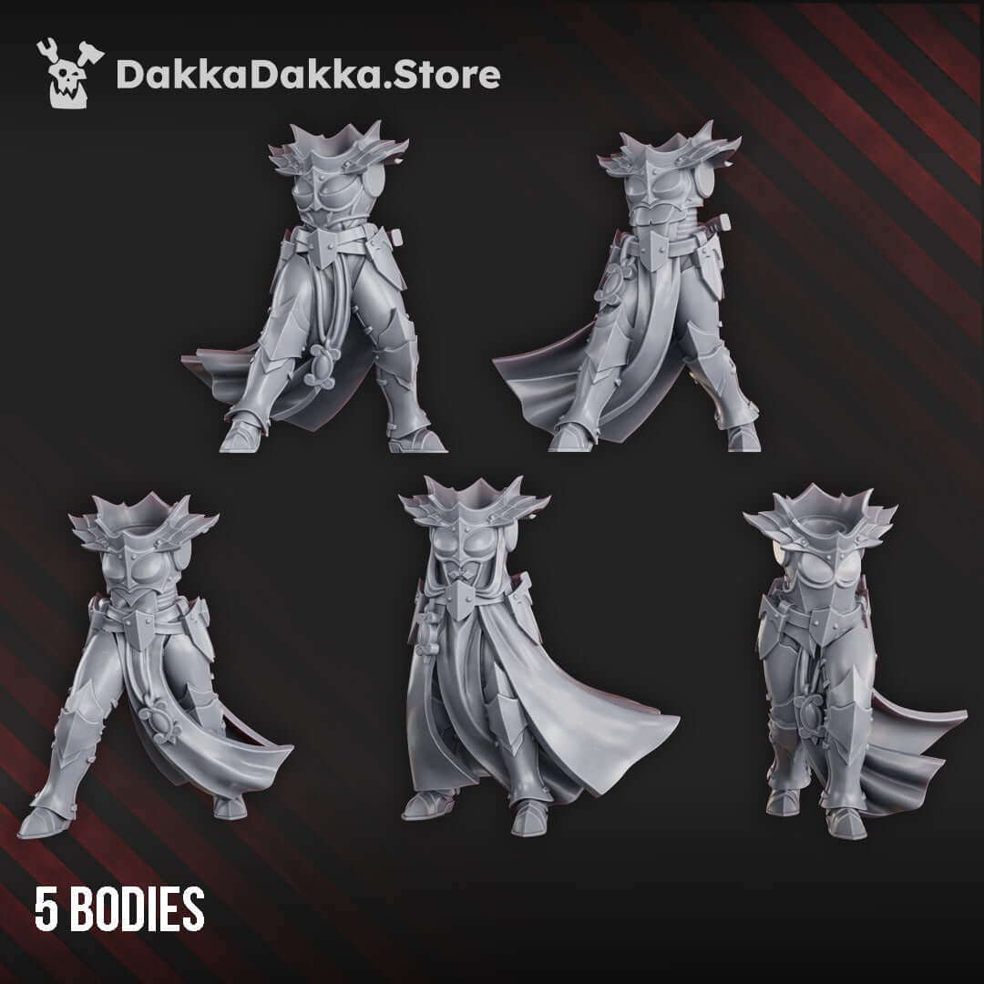 Five sci-fi wargaming miniatures bodies from Maidens of Praesidium Build Kit in grey ABS-like resin.