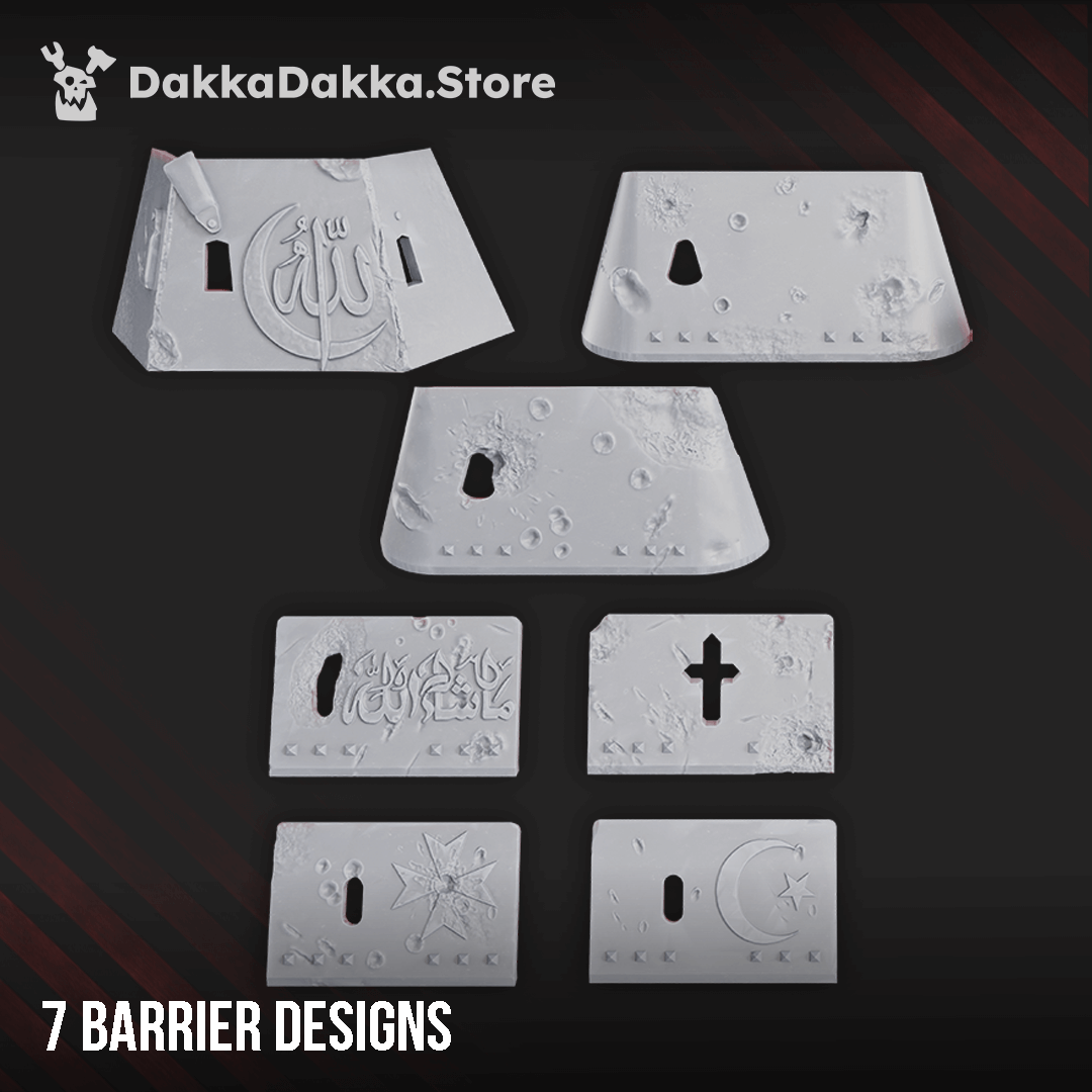 NexusBlock Decor Bits featuring 7 unique barrier designs for sci-fi terrain and wargaming, high-quality durable resin.