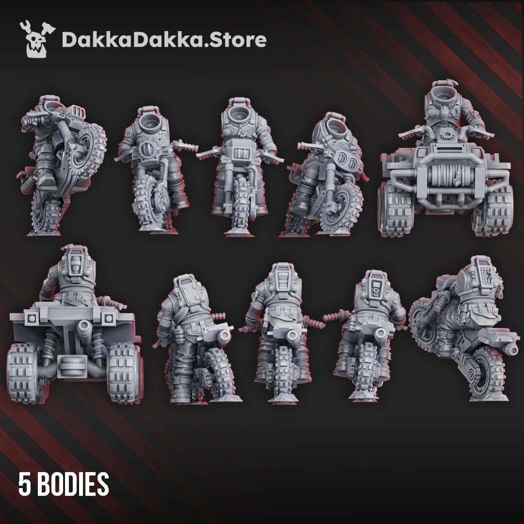 5 models of Harvester's Angels sci-fi miniatures, including bikes and a Quad, designed for tabletop gaming.