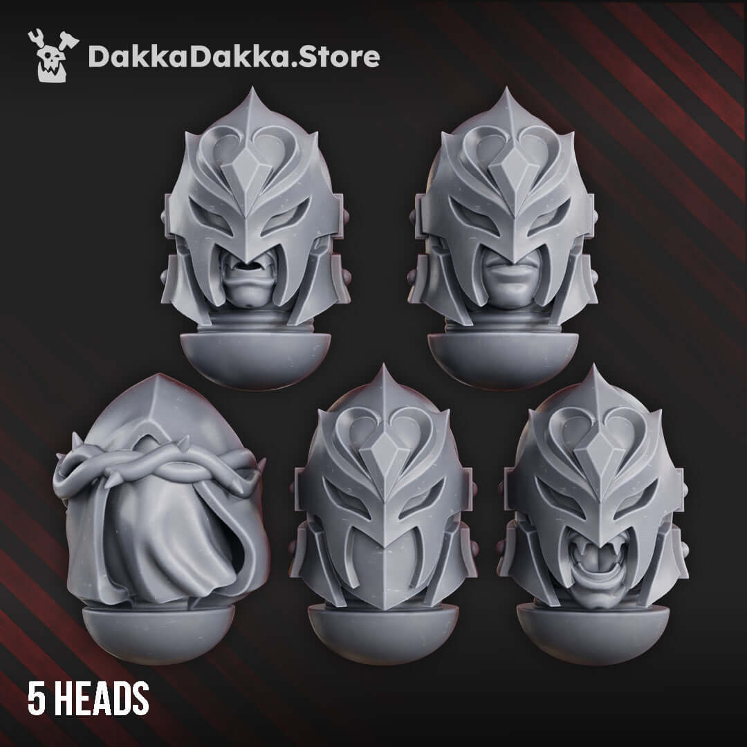 Maidens of Praesidium Build Kit heads, featuring five unique designs in grey ABS-like resin for sci-fi wargaming.