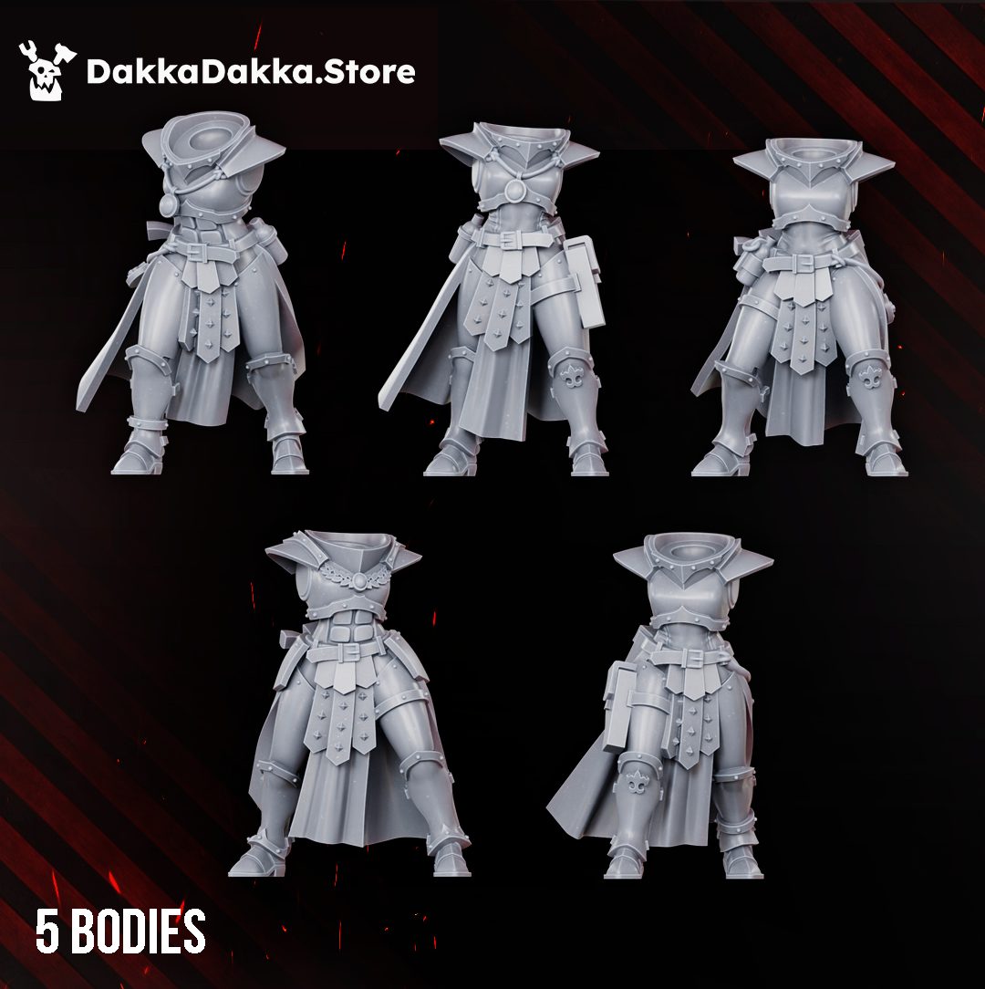 Five unique body sculpts in plate armour with tabards and pteruges shown without heads or arms for assembly reference
