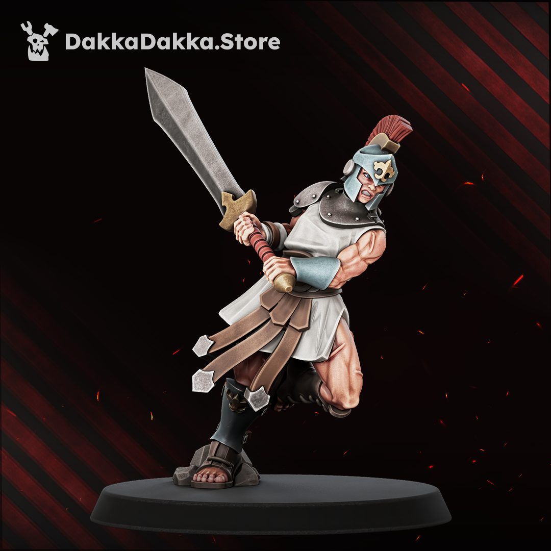 Helmeted male warrior miniature charging with two-handed grip on broad sword, red-crested Corinthian-style helm