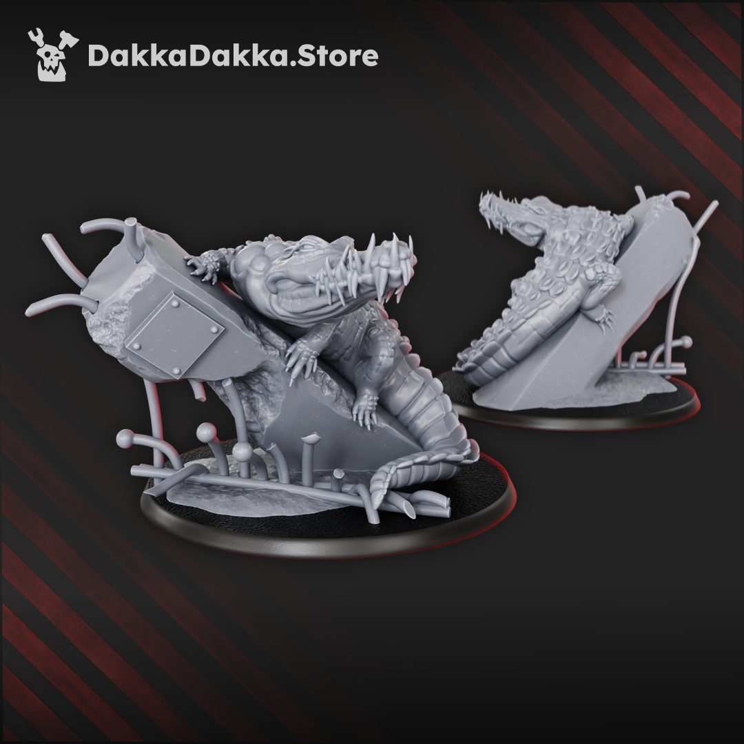 Front and side views of the crocodilian diseased beast rearing up on a scrap metal scenic base with cables and gauges