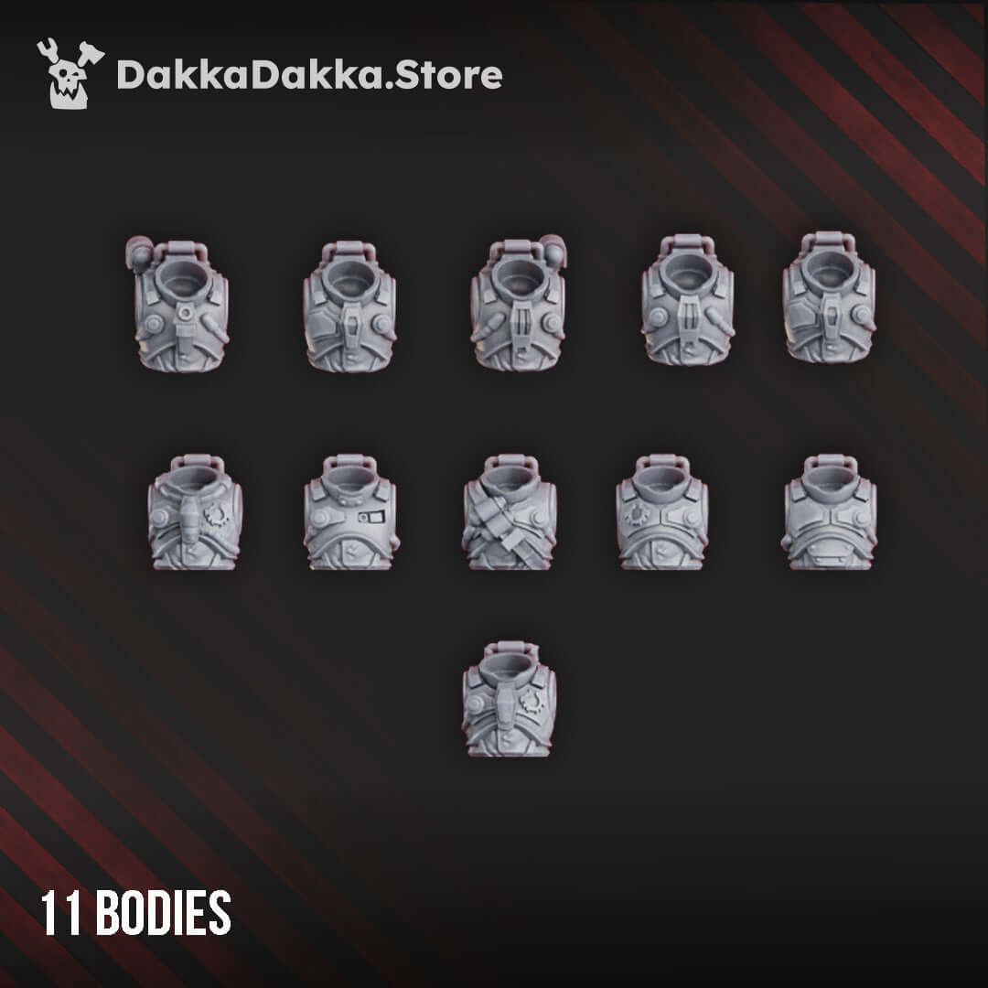 Set of 11 sci-fi miniature bodies designed for customizable tabletop gaming, made with durable ABS-like resin.