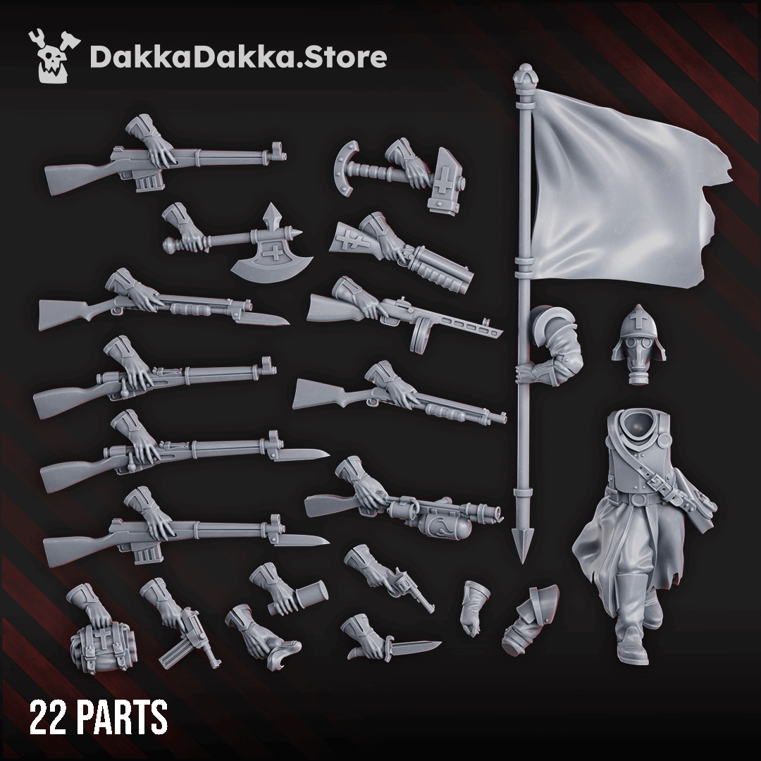 Steel Union standard bearer miniature holding a banner and wearing trench armour with weapon options including axe, rifle, and sidearm