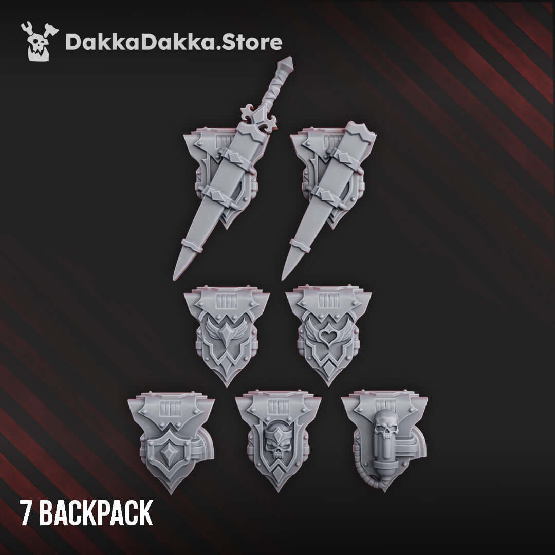 Maidens of Vengeance Build Kit accessories featuring 7 sci-fi backpacks with detailed designs for tabletop gaming.