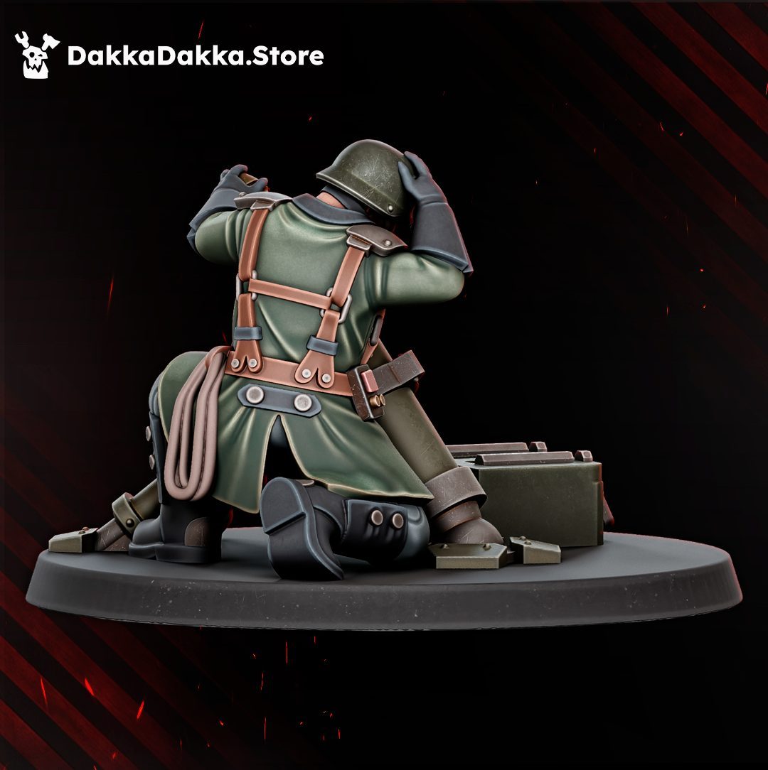 Rear view of mortar operator showing harness straps, helmet detail, and ammo crate base prop