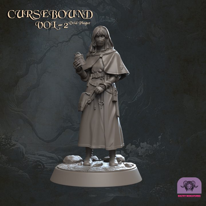 Masked apothecary miniature in long layered robes, holding small device, standing on rubble base