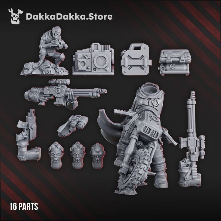 16 parts of the Overseer of the Harvester's Angels model in grey resin for sci-fi wargaming, designed by DakkaDakka.store.