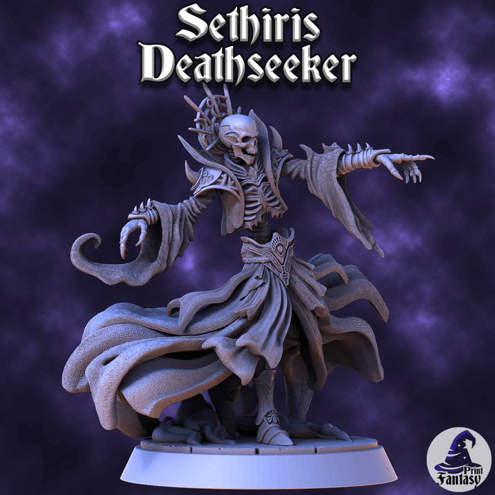 Sethiris Deathseeker figurine, 80mm fantasy RPG model in detailed grey resin, perfect for Dungeons and Dragons collectors.
