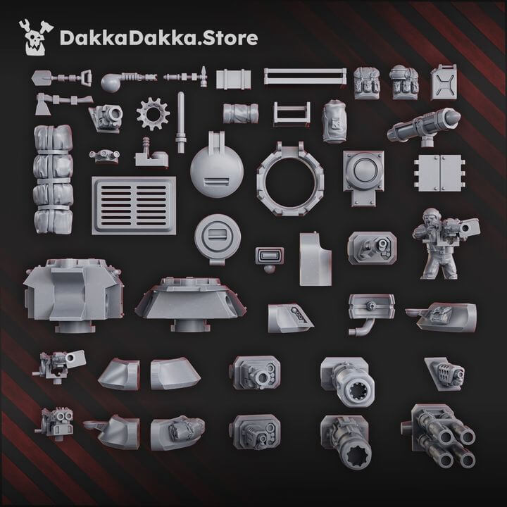Collection of sci-fi wargaming miniature parts from DakkaDakka, including weaponry and vehicle components.