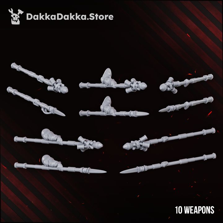 Ten grey resin interchangeable weapons laid out flat, showing tube-launchers and blade variants