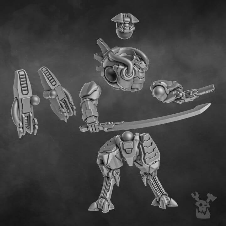 Sci-Fi Battlesuit Commander Warmaster Keengaze, dynamic pose with a massive blade, showcasing tactical brilliance.