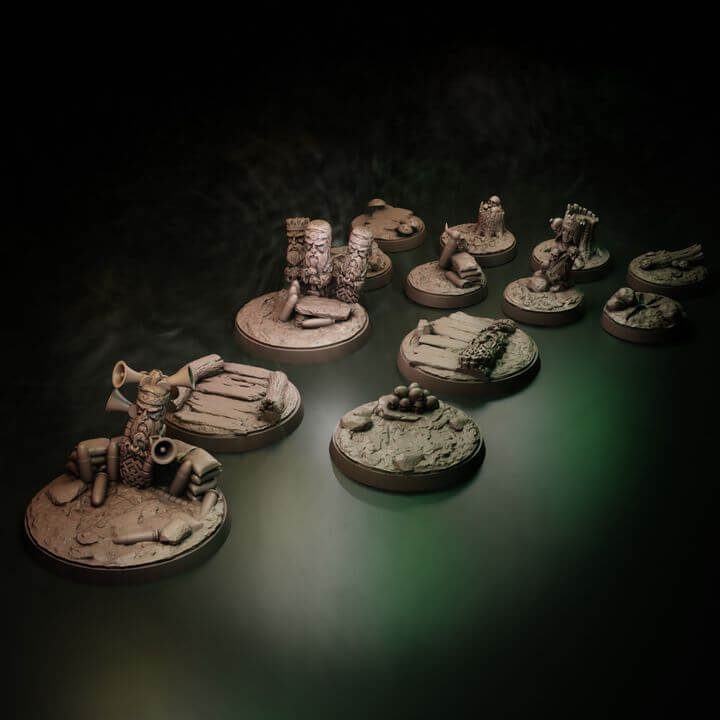 Coven Bases Set thirteen scenic resin bases in 25mm 32mm and 50mm with trench mud duckboards skulls and occult detail