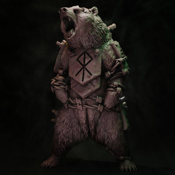Coven Trench Bear armoured war bear resin centrepiece miniature with crusader armour plates, backpack weapon system and ritual rope bindings