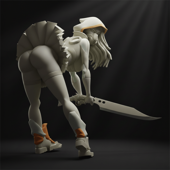 Sci Fi Pin up Luna stealth sniper with EMP rifle and hooded cloak