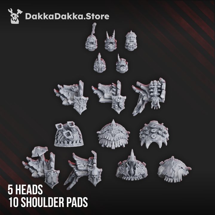 5 head variants and 10 shoulder pad options for the squad showing spikes, skulls, and corroded trim