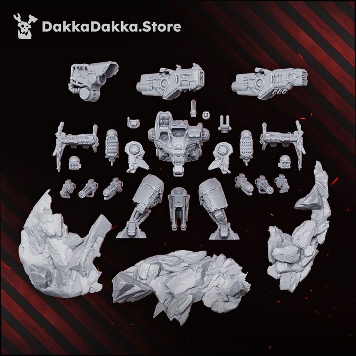 All 31 grey resin parts of the HT-77 Skyrend laid out flat, including body, legs, weapon arms, and rocky base sections