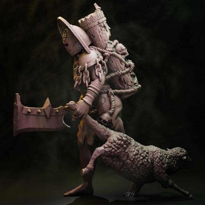 Coven Heavy Witches Set two occult warrior resin miniatures with chains, sigil hats, rotary cannon and cleaver with goat familiar