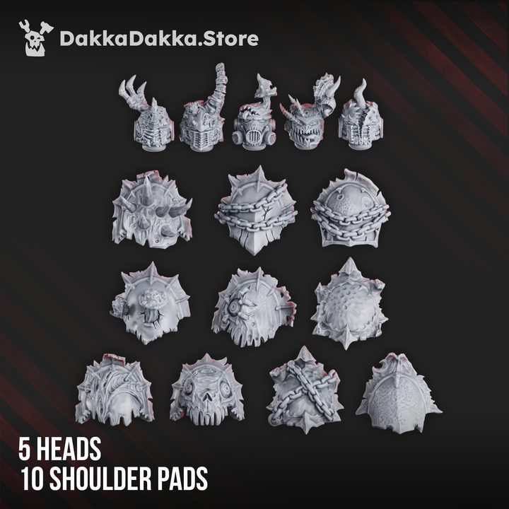 5 helmeted heads and 10 spiked chain shoulder pads for the Pandemic Warriors squad