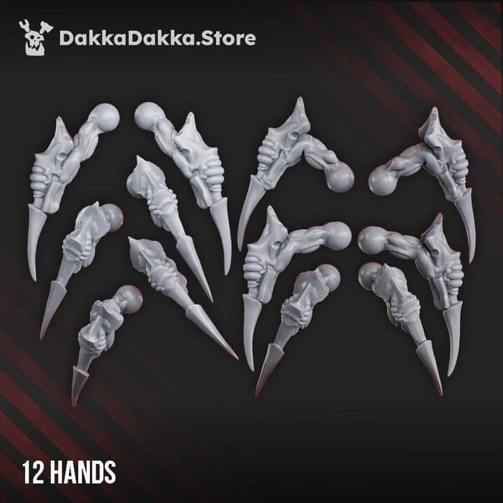 12 sculpted hands for wargaming miniatures, designed by DakkaDakka, in grey resin, ideal for tabletop games.