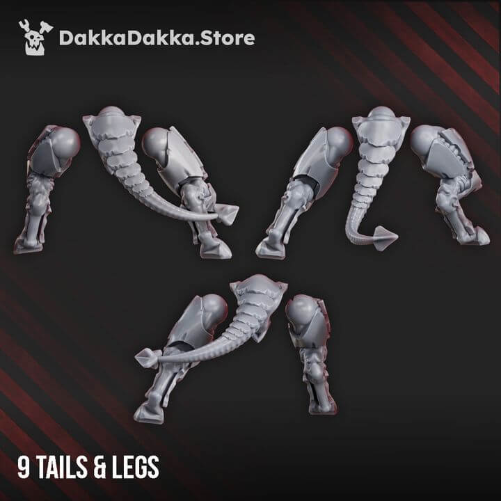 9 sci-fi wargaming miniatures tails and legs, grey resin, designed for tabletop games by DakkaDakka.