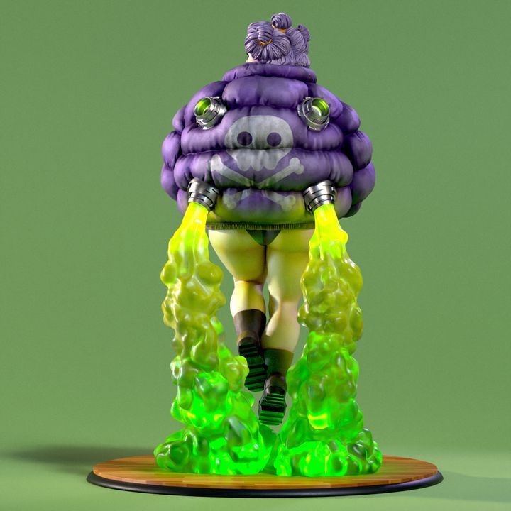 Waifumon Kofitia 160mm resin miniature front and rear views showing purple puffer jacket and toxic green base